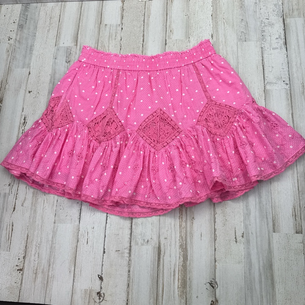 LoveShackFancy Pink with white polka dots Lace Mini Skirt